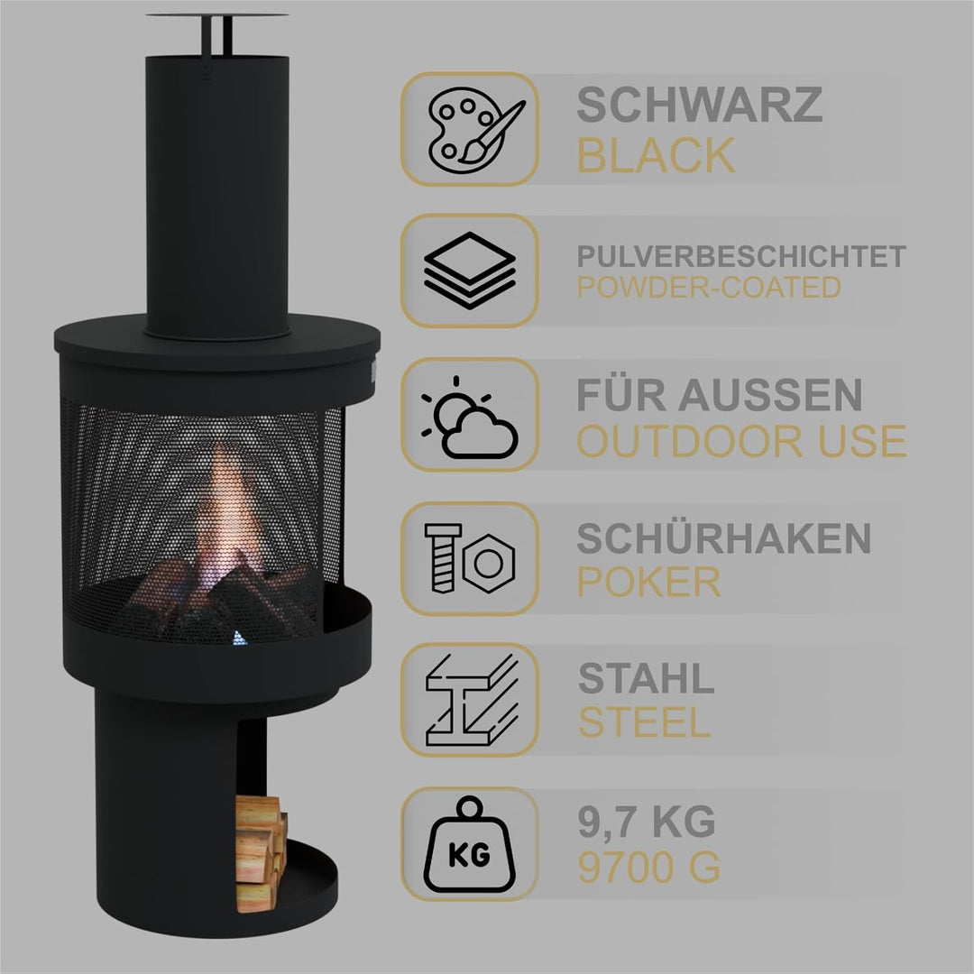 HAGO24 | Gartenkamin | Terrassenofen | Gartenofen | Stahl | Schwarz | Schürhaken | Rund | Outdoor |