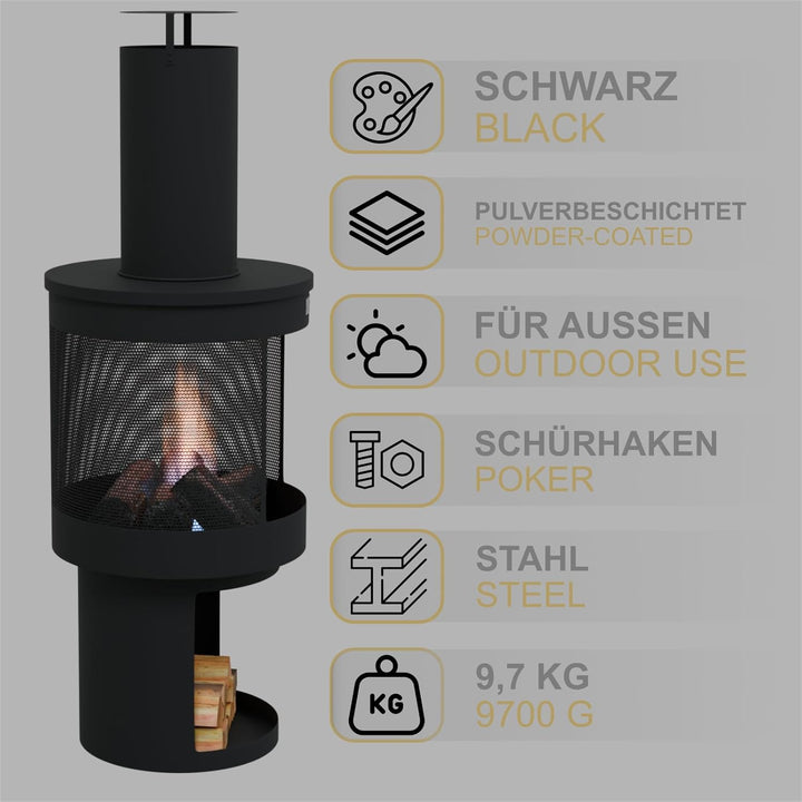 HAGO24 | Gartenkamin | Terrassenofen | Gartenofen | Stahl | Schwarz | Schürhaken | Rund | Outdoor |