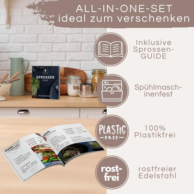 ZELLGUT® 2in1 Sprossenglas 3er Set - Keimglas 100% Plastikfrei - Vorratsglas Funktion durch extra De