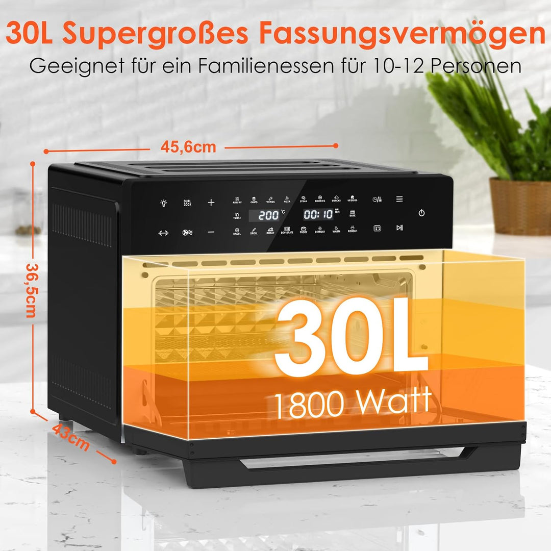 LLIVEKIT 30L Heissluftfritteuse XXL, Minibackofen Umluft mit 20 Programme und 9 Zubehör, Mini Backof