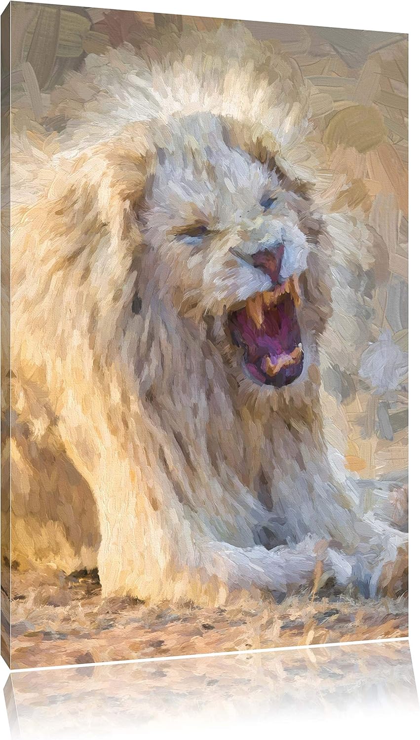 brüllender weisser Löwe Deluxe Format: 100x70 cm auf Leinwand, XXL riesige Bilder fertig gerahmt mit