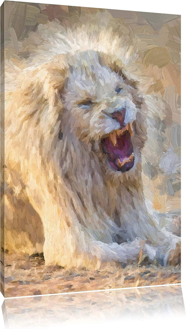 brüllender weisser Löwe Deluxe Format: 100x70 cm auf Leinwand, XXL riesige Bilder fertig gerahmt mit