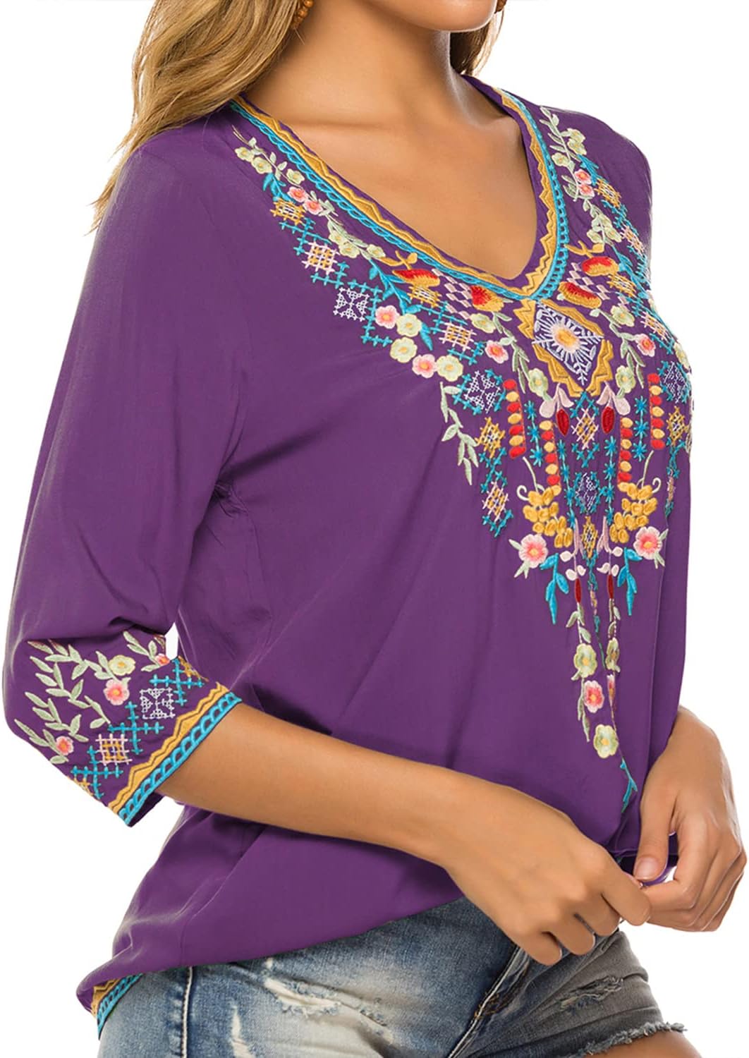 Vakakado Hippie Kleidung Damen Bohemian Folklore Stickerei Bluse 3/4 äRmel V Ausschnitt Tunika Somme