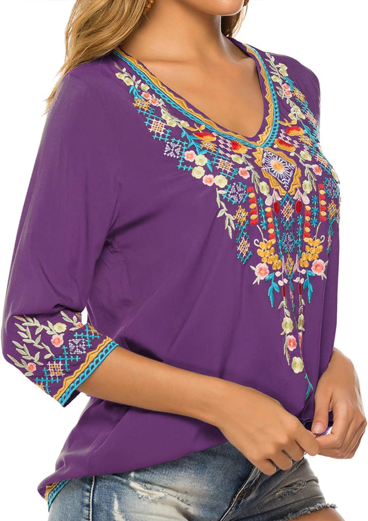Vakakado Hippie Kleidung Damen Bohemian Folklore Stickerei Bluse 3/4 äRmel V Ausschnitt Tunika Somme