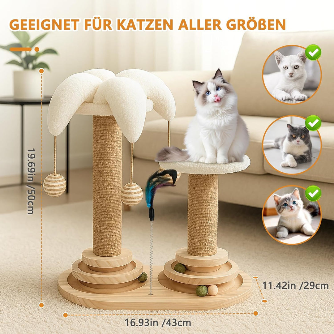 6 in 1 Interaktives Katzenspielzeug, Holz Katzenmöbel mit Hängenden Kugeln, Federn, Drehbar Smart Tr