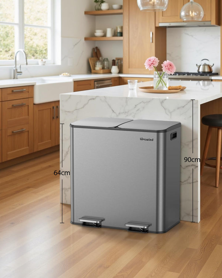 lovewind Mülleimer, 2 x 40L Mülleimer Küche, Doppeleimer für Recycling und Abfall, Silber, Mülleimer