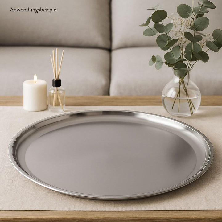 Edelstahl Tablett rund Ø 34 cm silberfarbig – Serviertablett Dekoteller modernes rundes Metalltablet