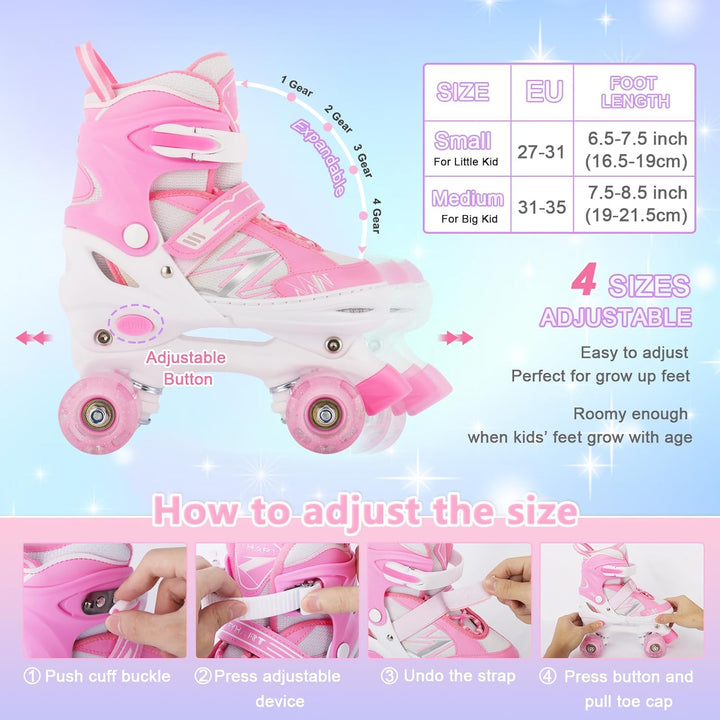 Kinder Rollschuhe für Mädchen Kind Anfänger, 4 Grössen einstellbar Rollschuhe mit Licht bis Räder fü