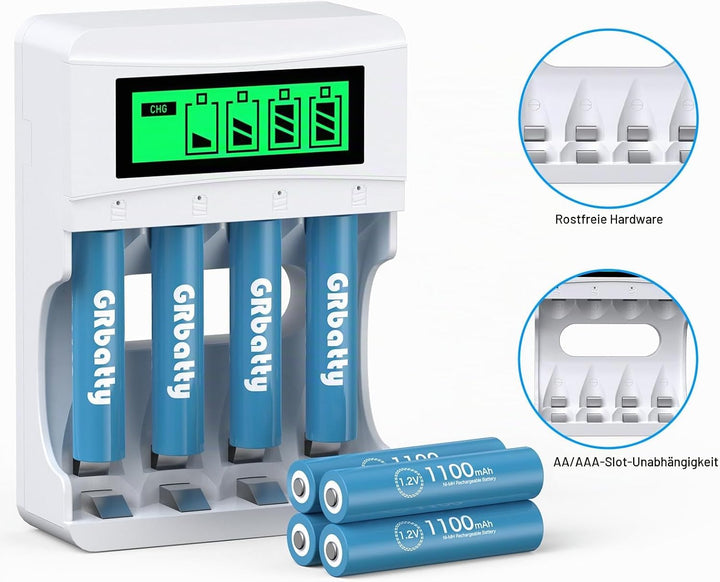 GRbatty 8 AAA NiMH Wiederaufladbare Akkus 1100mAh -1.2V Hohe Kapazität 1200 Zyklen Vorgeladene Dreif