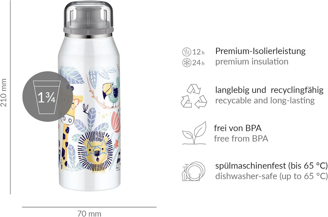 alfi KIDS ISO BOTTLE 350ml, crazy jungle, Isoliertrinkflasche Kinder aus Edelstahl, absolut dicht mi