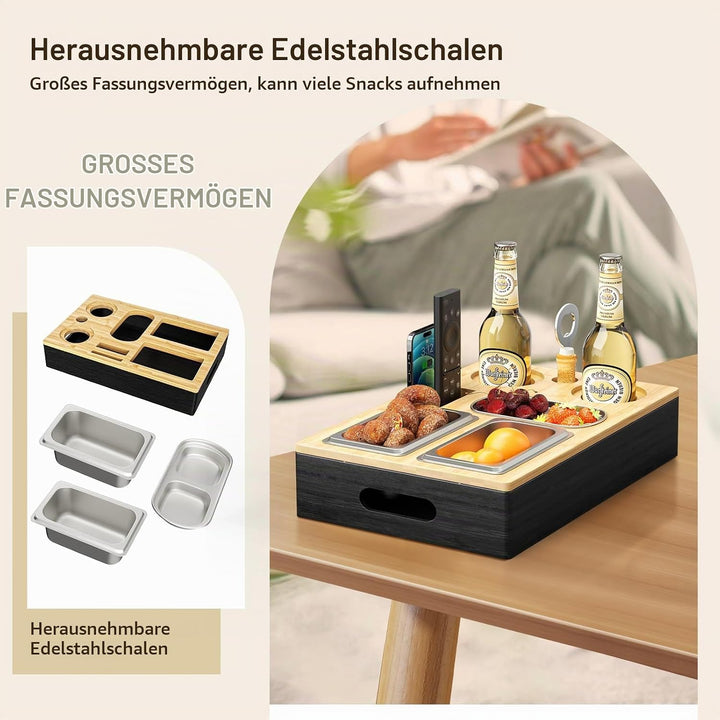 Couchbar Snackbox aus Bambusholz mit 3 Edelstahl-Schalen, Sofa Butler Organizer Tablett mit Getränke