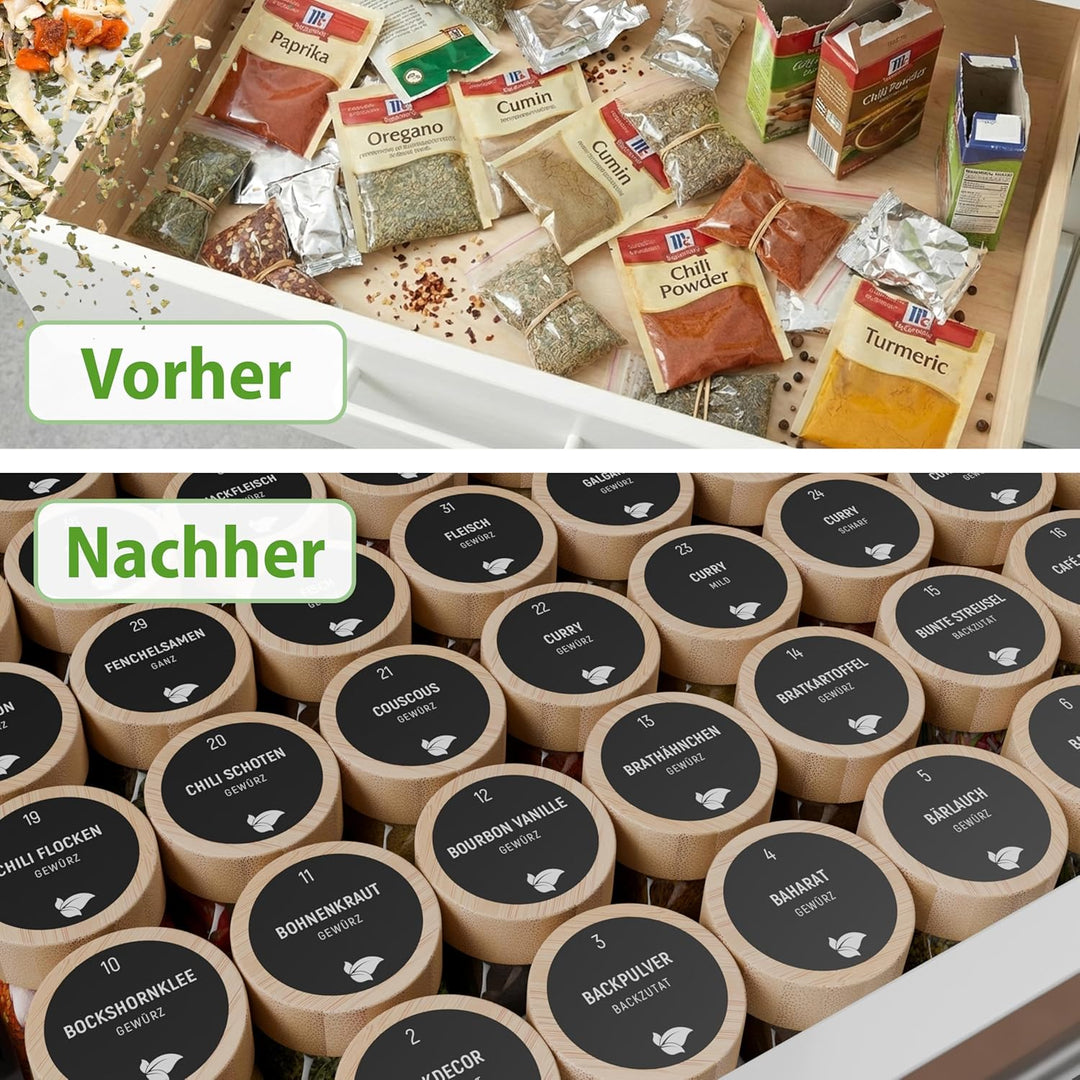 LAEVU Gewürzgläser Set Eckig | 24 Stk. 120ml - 11,1 x 4,5 cm | Gewürzstreuer Bambus mit 350 Gewürzet