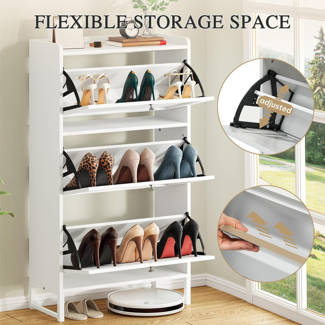 YITAHOME Schuhkipper Schmal Weiss mit Garderobe 5 Haken und 3 Klapptüren, Verstellbares Regal Schuhs