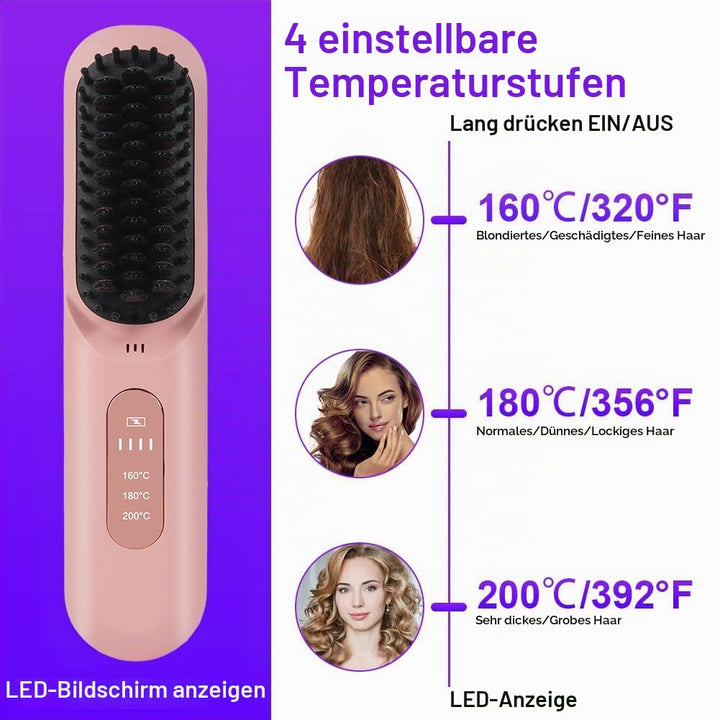 LOPHE Mini Haarglätterbürste, Glättbürste Kabellos, Hair Straightener Comb mit LCD-Bildschirm 3-Stuf