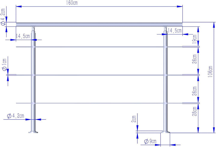 CAVATINY Edelstahl Handlauf Geländer für Treppen Brüstung Balkon mit 3 Querstreben - Innen und Ausse