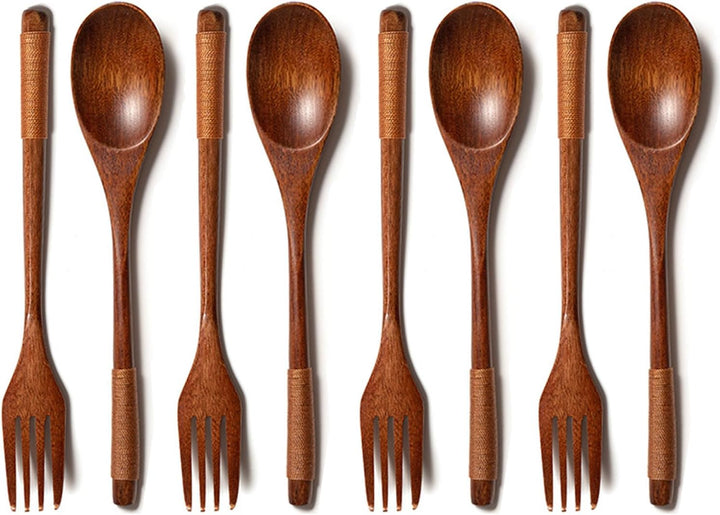 8 Stück Holz Besteck Küchenutensilien, Salatbesteck Holz, Holzgabel, Wooden Spoon, Holzlöffel, Mehrw