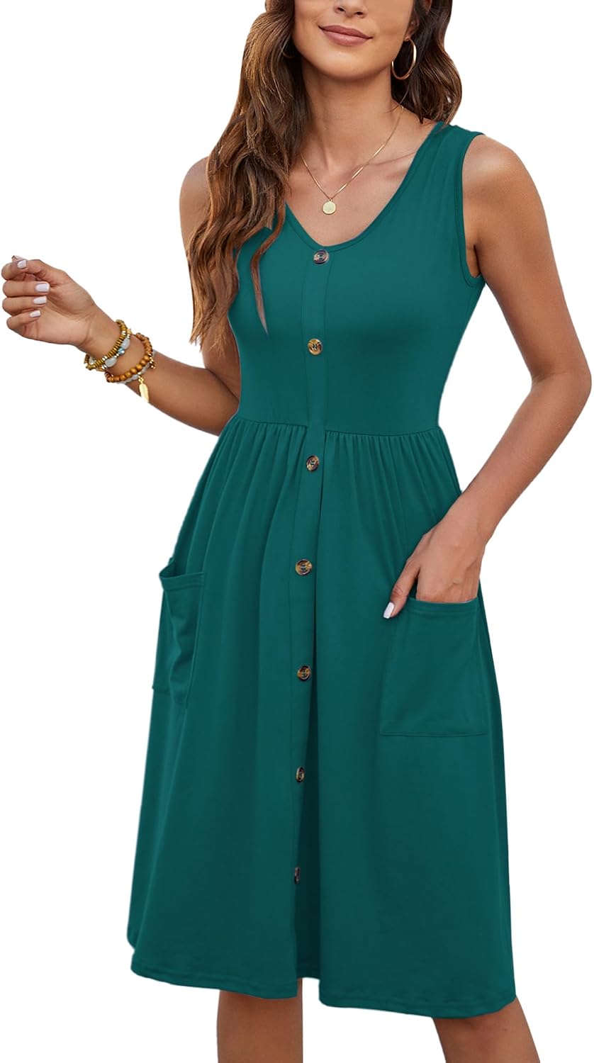 MOLERANI Damen Sommerkleider Ärmellos Lässig Locker Swing Button-Down Midikleid mit Taschen S Dunkel