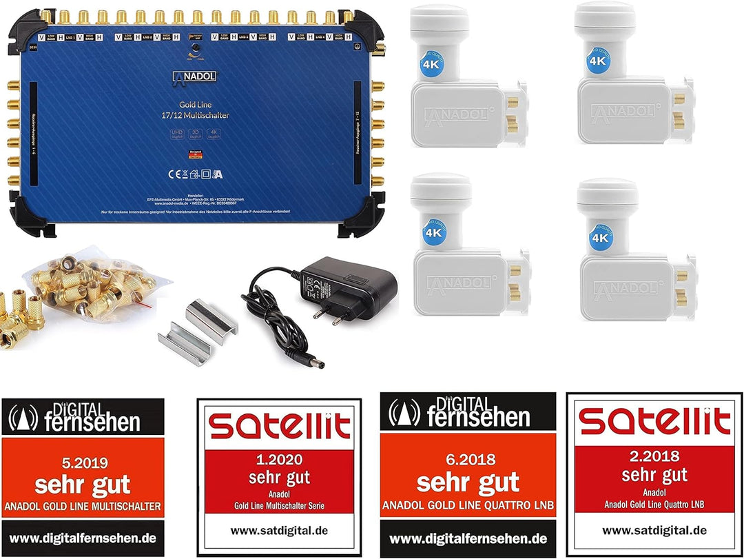 4X Anadol Quattro LNB + Anadol Gold Line 17/12 Multischalter im Set - für 4 Satelliten & 12 Teilnehm