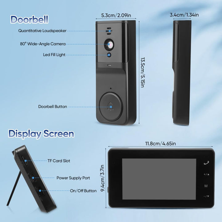 Türklingel mit Kamera, 1080P HD Drahtlose Video Türklingel, IP65 Wasserdicht, 4,3" IPS-Display inkl.