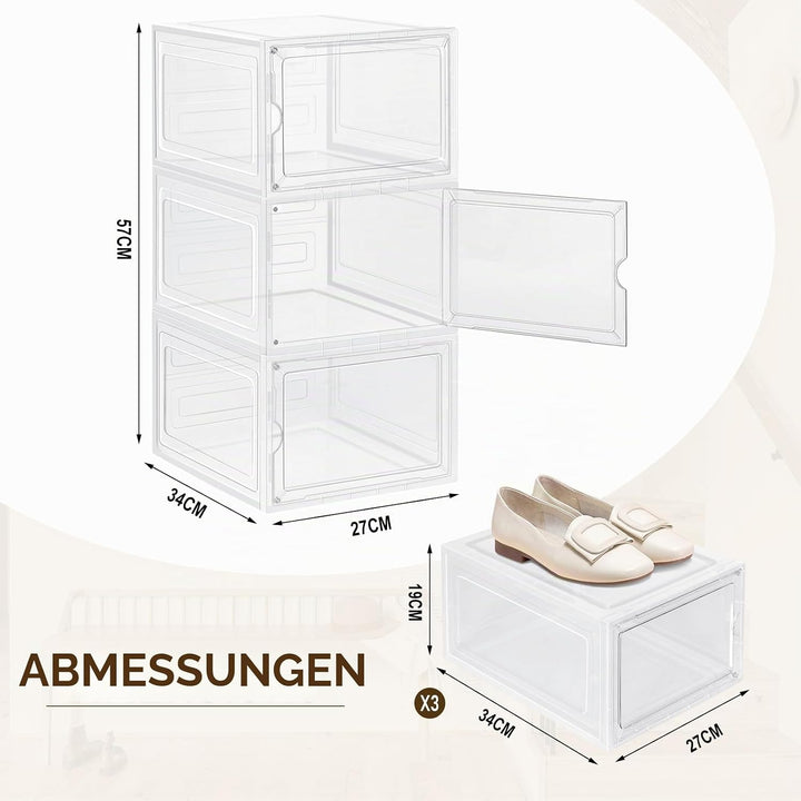 WOLTU Schuhboxen, 3er Set stapelbare Schuhbox, Schuhkarton Schuhkasten, mit magnetischer Tür, transp
