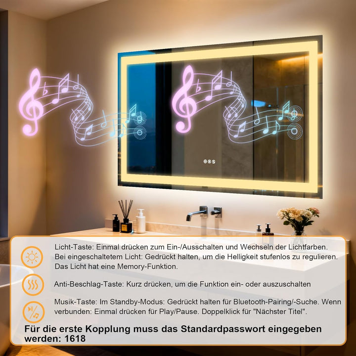 Badspiegel Mit Beleuchtung100x70cm,Spiegel Mit Beleuchtung Bluetooth Dual Lautsprecher,Antibeschlagf