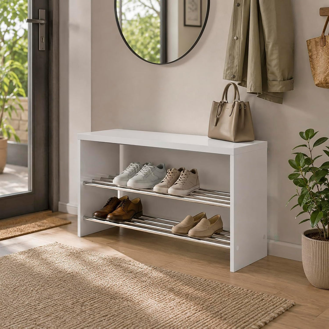 HAKU Möbel Schuhbank, MDF, weiss-chrom, B 81 x T 30 x H 55 cm B 81 x T 30 x H 55 Weiss-chrom, B 81 x