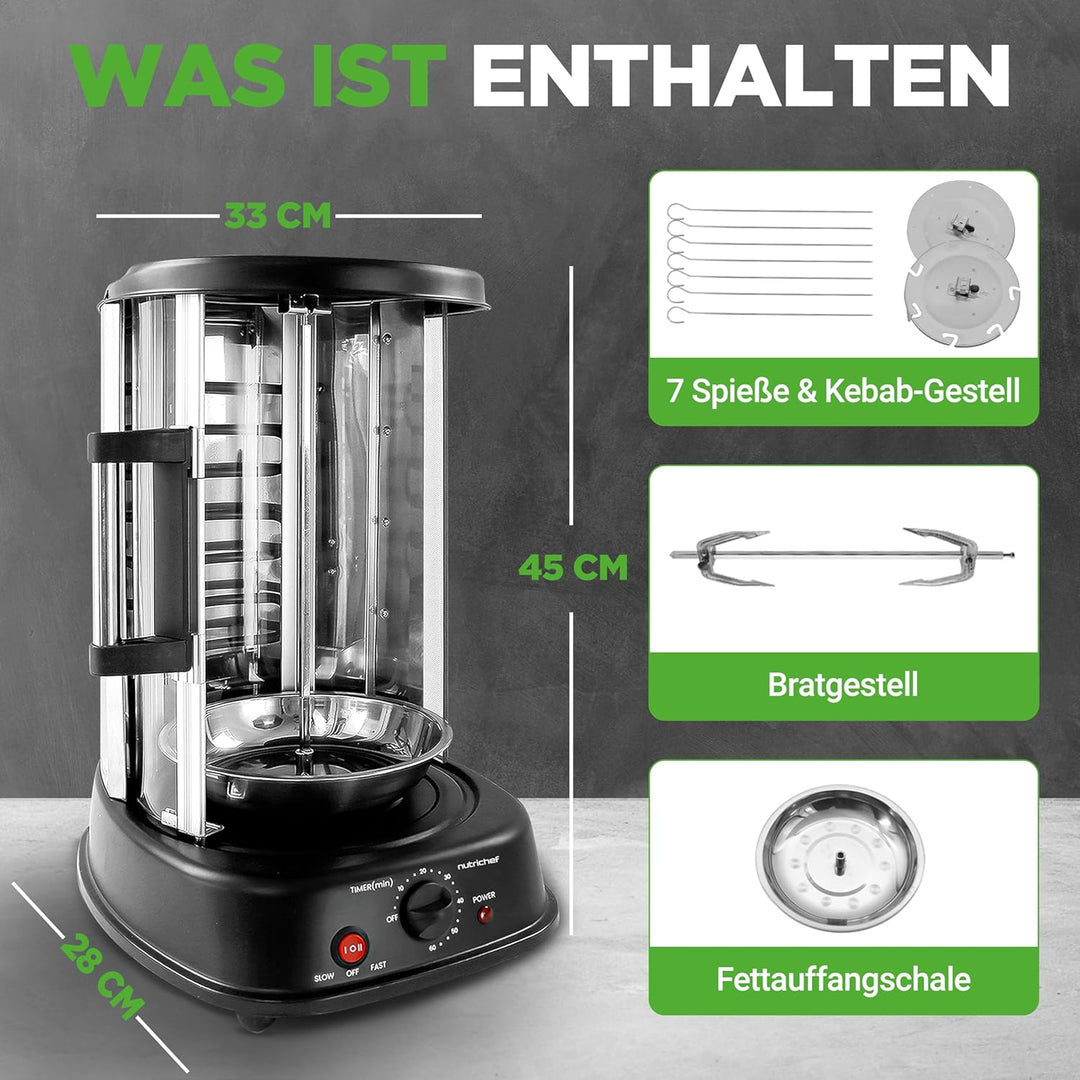NutriChef Heissluft-Multiofen mit Drehspiess – 21L Mini-Backofen mit Umluft und Grillfunktion Dönerg