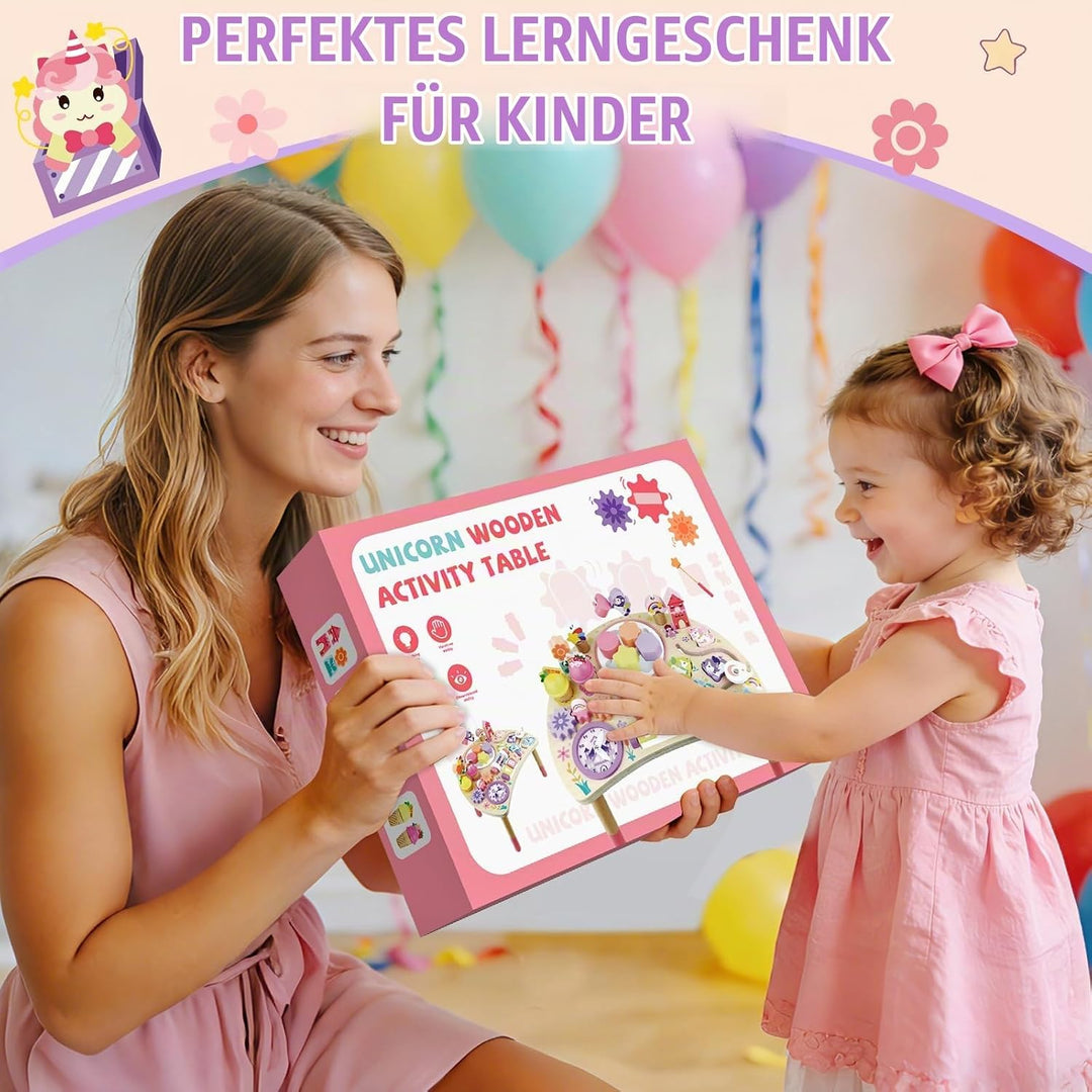 Montessori Aktivitätstisch aus Holz 10-in-1 Einhorn ab 18 Monate | Greifen, Sortieren, Drehen und Sc