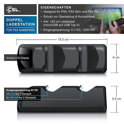 CSL - Ladestation für PS4 Gamepads – mit Mikro USB Ladekabel – PS4 Ladegerät - Doppeltes Schnelllade