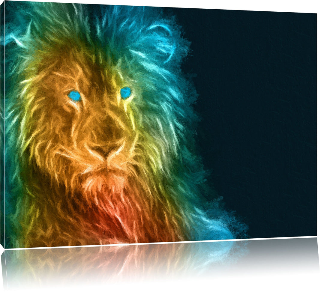 Pixxprint Dark - Löwe mit blauen Augen als Leinwandbild/Grösse: 100x70 cm/Wandbild/Kunstdruck/fertig