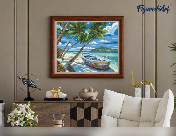 Figured'Art Malen Nach Zahlen Erwachsene Mit Rahmen Boot unter den Palmen - Paint by Numbers Basteln