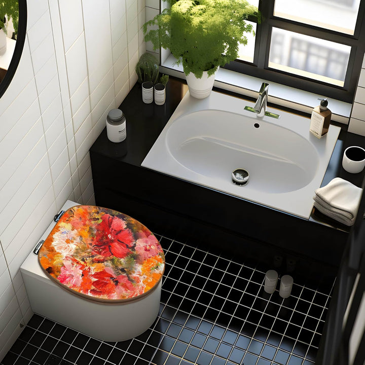 banjado® Design WC Sitz Bambus Absenkautomatik mit Motiv Fallende Blumen/Toilettendeckel mit Absenka