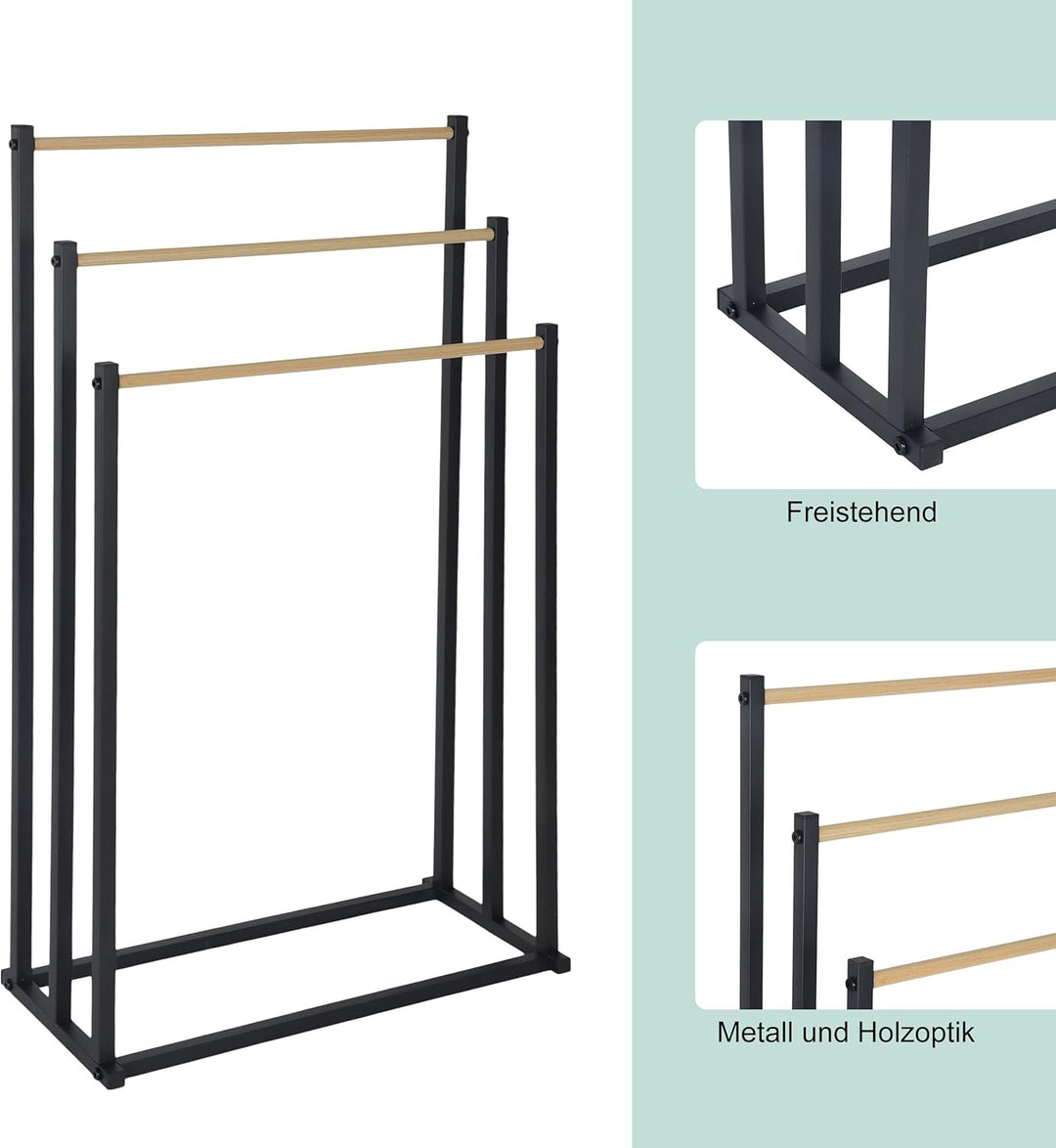 Relaxdays Handtuchständer, HBT: 86 x 44 x 21 cm, Metall, 3 Stangen in Holzoptik, stehender Handtuchh