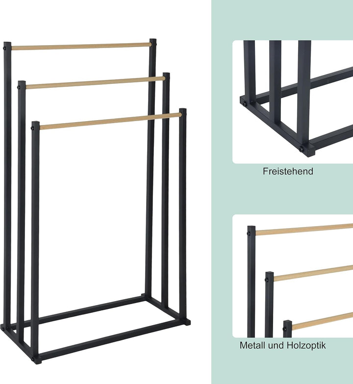 Relaxdays Handtuchständer, HBT: 86 x 44 x 21 cm, Metall, 3 Stangen in Holzoptik, stehender Handtuchh