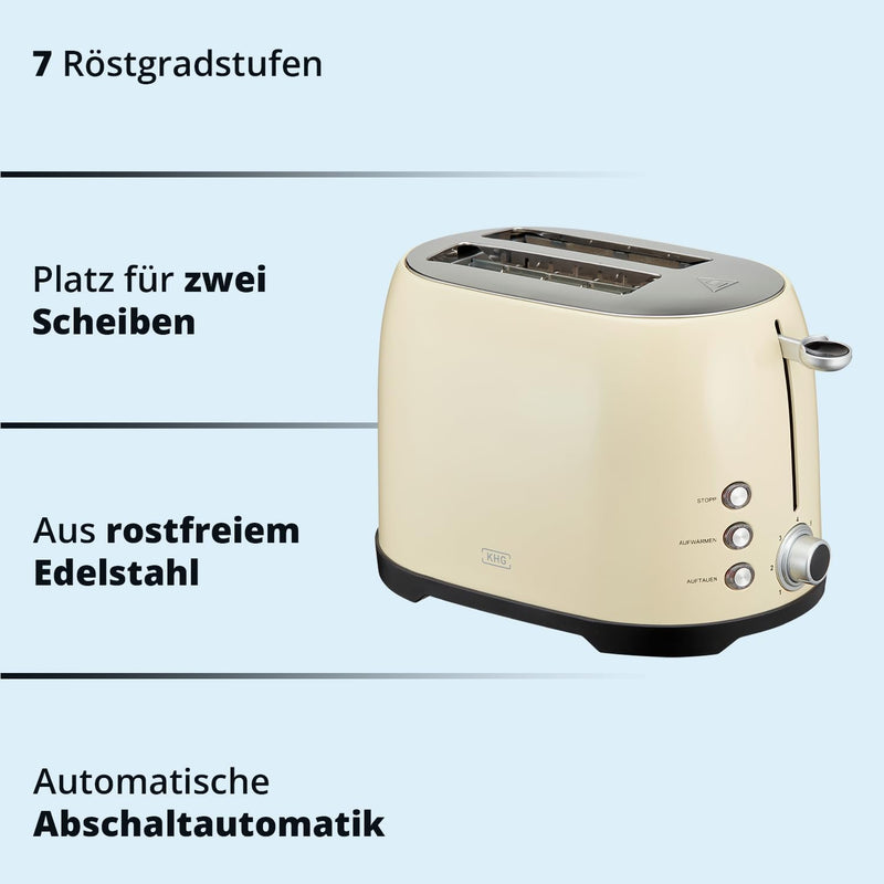 KHG Frühstücksset Wasserkocher & Toaster Creme Beige Retro Vintage, Kapazität 1,7 Liter & 2 Toastsch