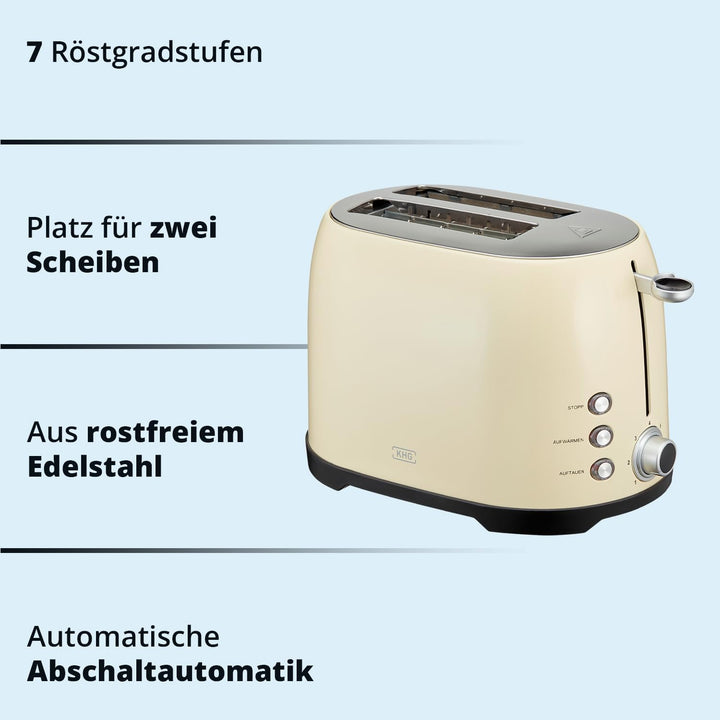 KHG Toaster TO-858 CE | Toaster 2 Scheiben Creme 800 W | mit Brötchenaufsatz, 7 Röstgradstufen mit B