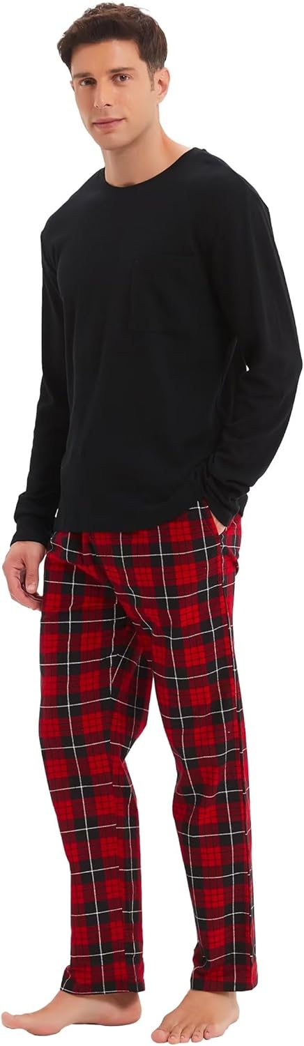 GLOBAL Herren Schlafanzüge Flanell Herren Pyjama Set Baumwolle Langarm-Pullover Oberteil und elastis
