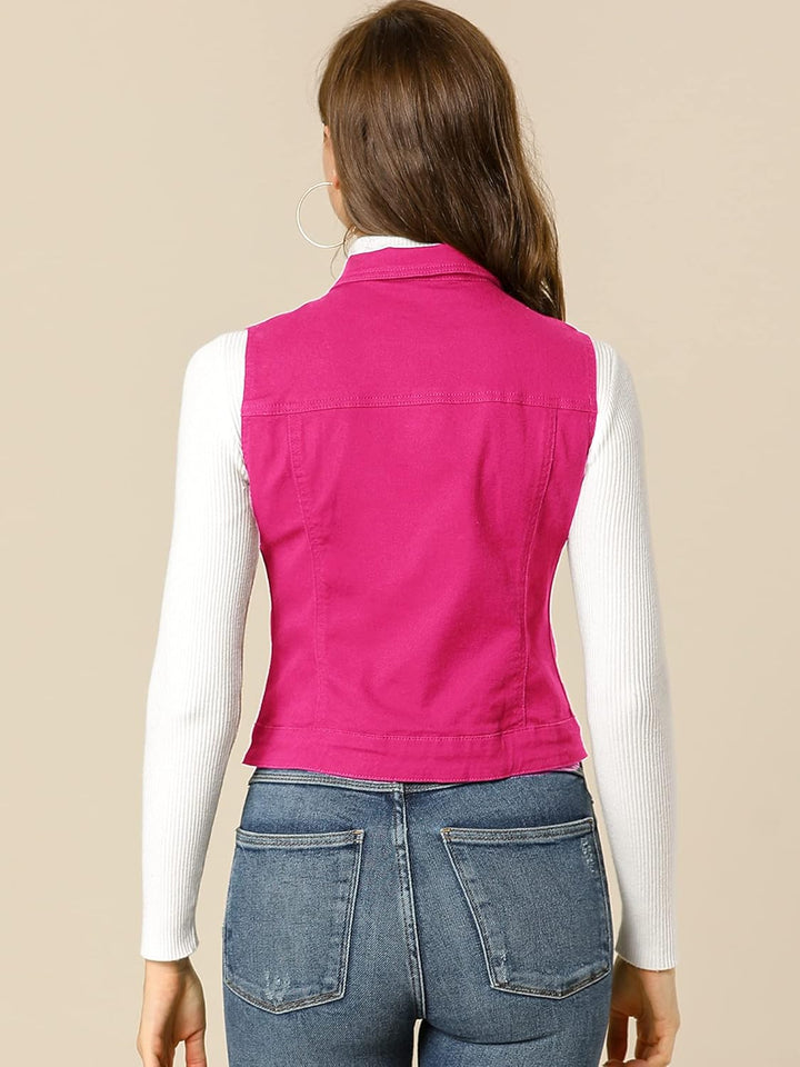 Allegra K Damen Jeansweste Ärmellos Knopfleiste Denim Rever Jacke Westen mit Taschen S Fuchsie, S Fu