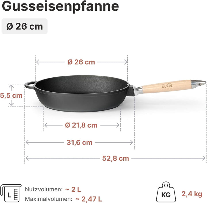 Premium Gusseisenpfanne Induktion 26 cm Pfanne Gusseisen UNBESCHICHTET sandgestrahlt universell Cast