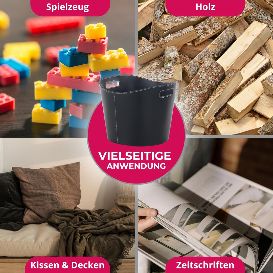 SULENO Holzkorb WEXFORD Brennholzkorb Kunstleder schwarz (L - 31,5 x 39,5 cm)