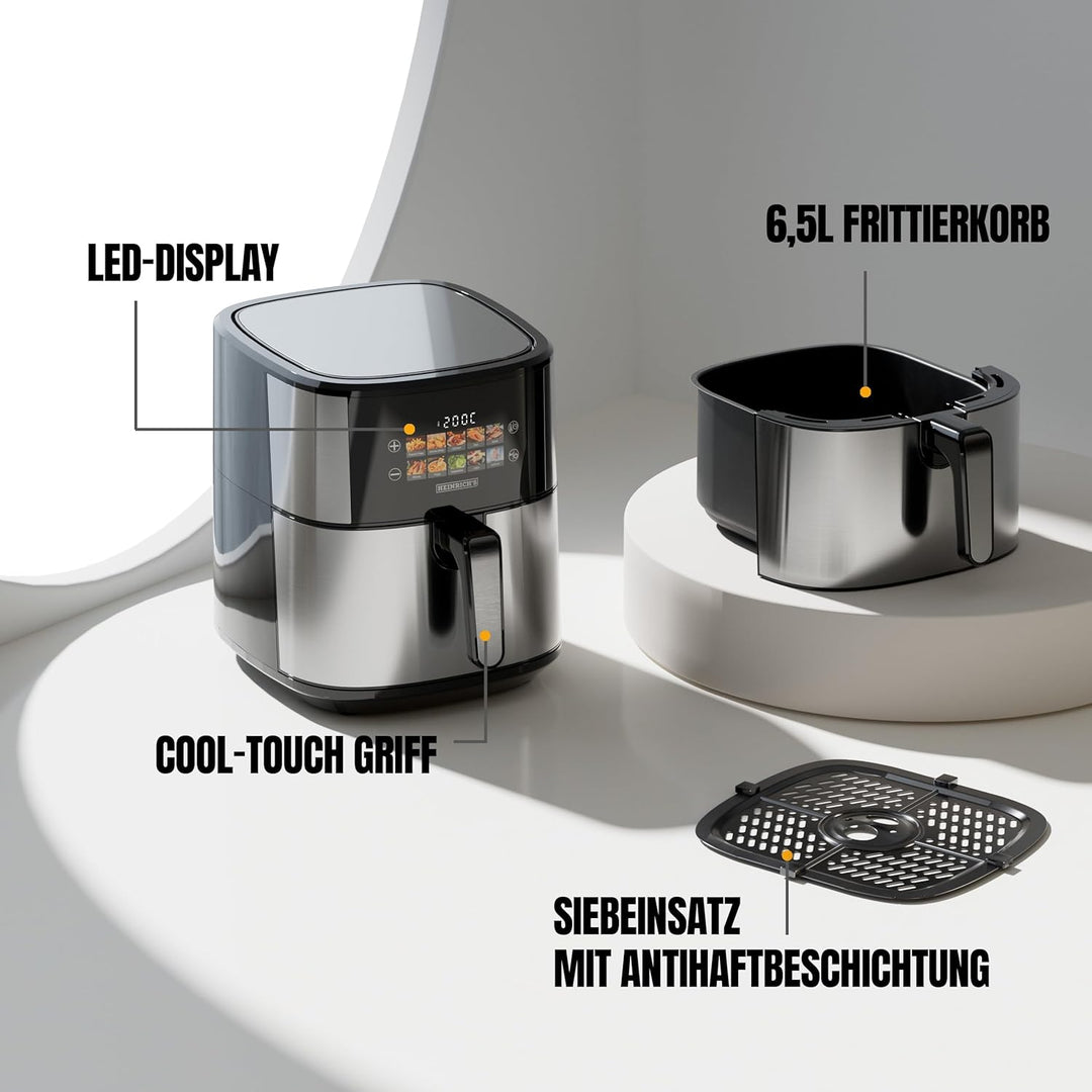 HEINRICHS Heissluftfritteuse, 6,5 Liter XXL Air Fryer, 10in1 Airfritteuse, LED-Color-Display mit Sen