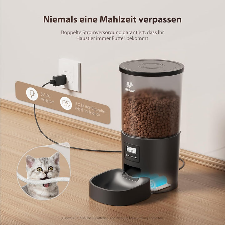 IMIPAW Futterautomat Katze, Katzenfutter Automat mit Programmierbarem Timer, Einfache Bedienung, 1-6