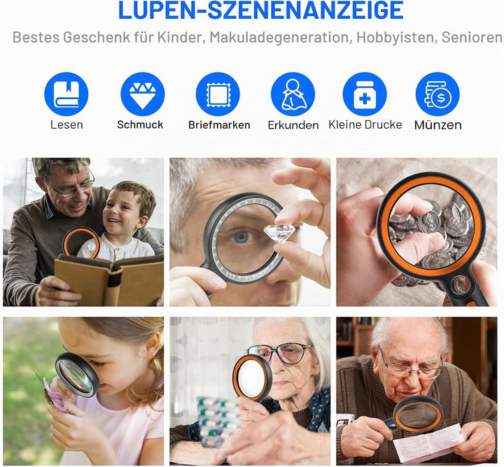 GABORISH Lupe mit Licht, 10X 20X 45X Handlupe mit Licht, Magnifying Glass mit 30 LED und 1 UV, Vergr