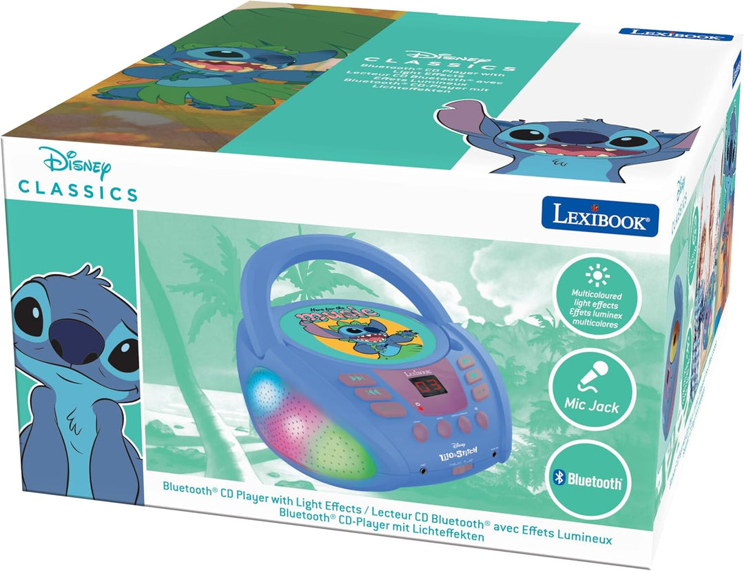 Lexibook - Disney Stitch - Bluetooth-CD-Player für Kinder - Tragbar, mehrfarbige Lichteffekte, Mikro