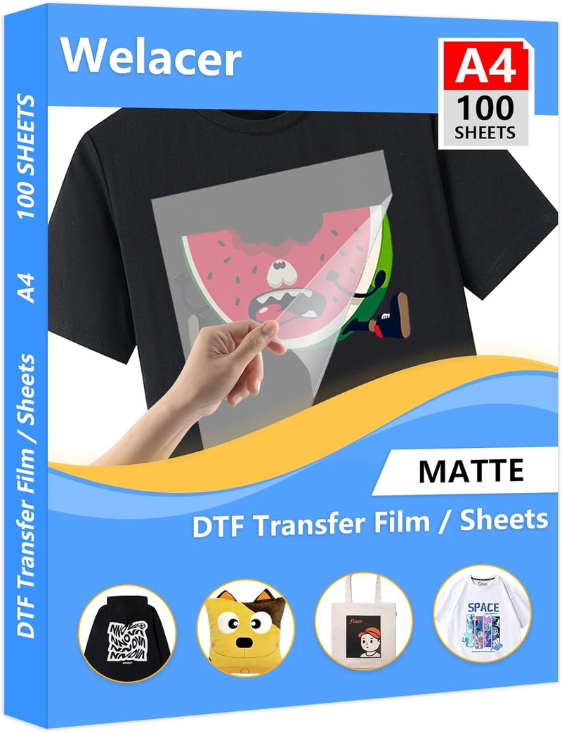 Welacer DTF Transferfolie Papier A4 (21cm x 29.7cm) 100 Blatt DTF Transfer Drucker für T-Shirt, klar