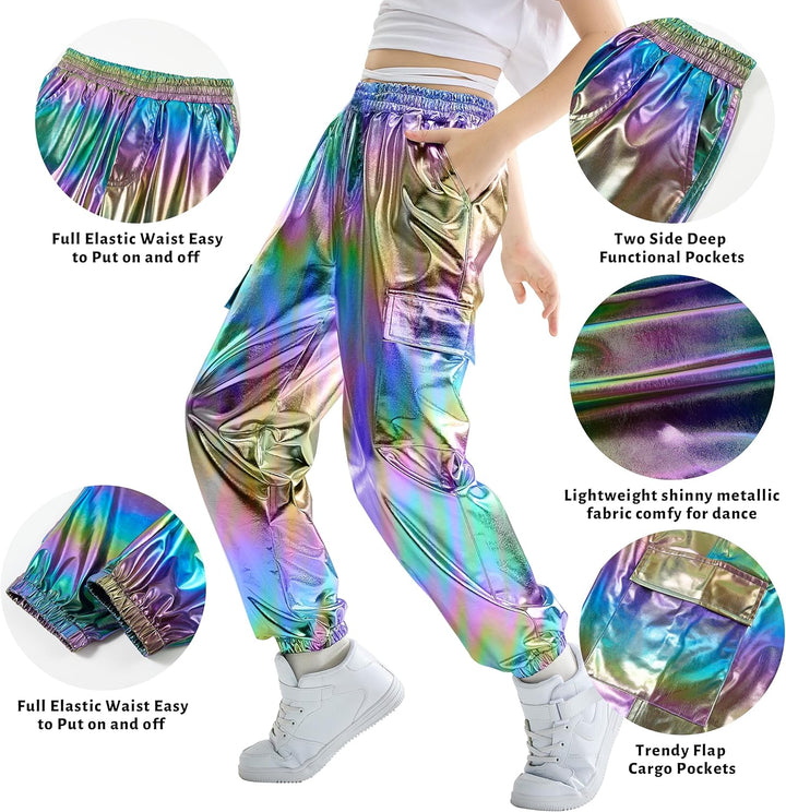 Rolanko Cargo Hosen für Mädchen, Metallische Tanz Hip Hop Hosen für Kinder Mit Elastischem Bund, Ret