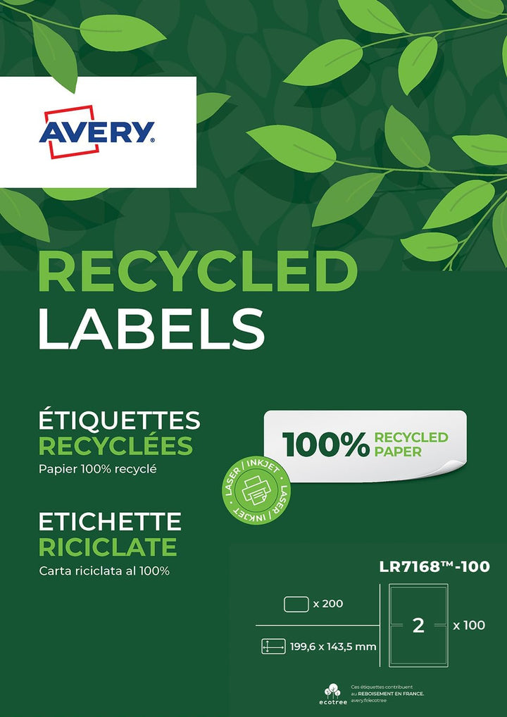 AVERY Zweckform LR7168-100 Versand-Etiketten (A4, 200 Stück, Recycling, 199,6 x 143,5 mm, 100 Blatt)