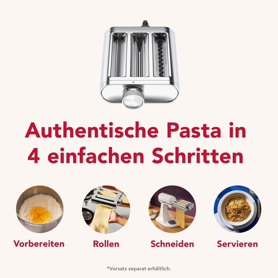 KitchenAid Metall 3-in-1 Nudelvorsatz 5KSM3MPA, Nudelroller, Schneider, enthält Nudelwalze, Spaghett