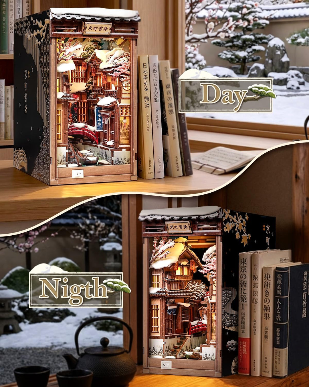 CUTEBEE Book Nook Kit - Japanischer Stil DIY Miniatur-Winterhaus, LED-beleuchtetes Buchregal-Deko Ga