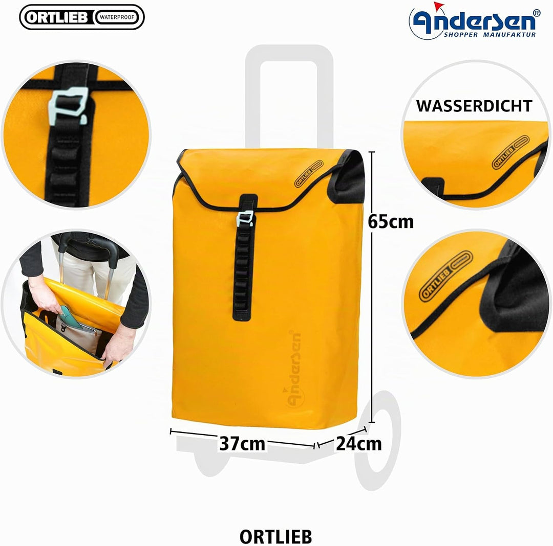 Andersen Shopper Tura Alu klappbar mit Kugellagerrad Ø 29 cm und 49 Liter Tasche Ortlieb gelb